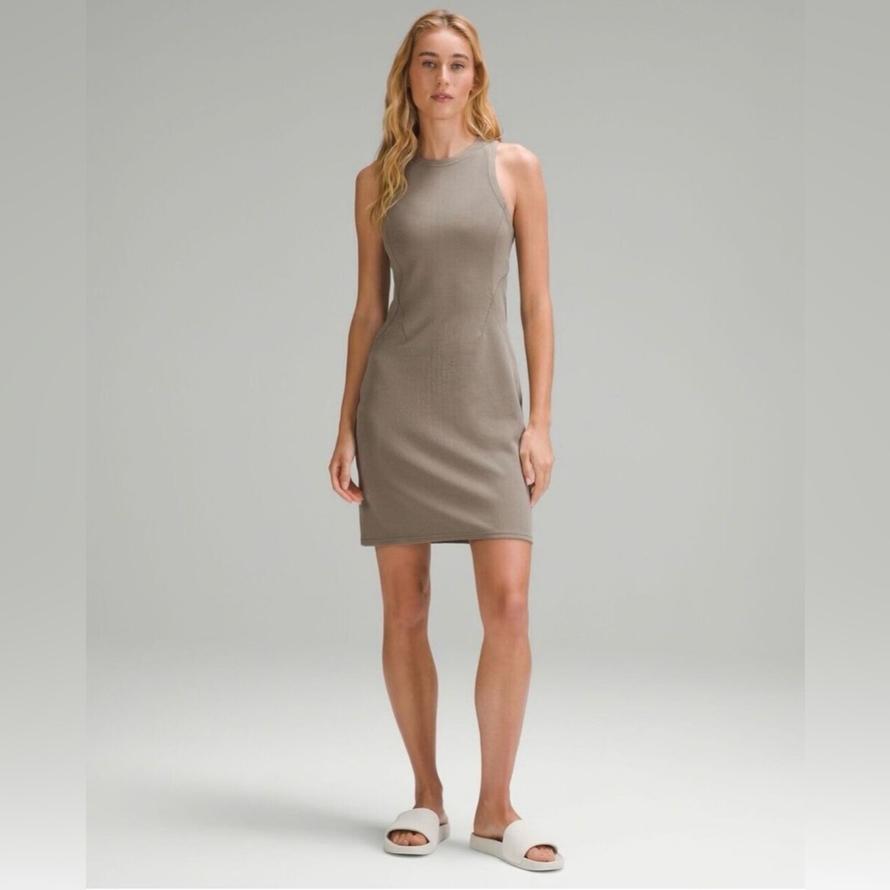 Lululemon Ribbed Softstreme Slim-Fit Tank Dress Nomad Taupe Sz 14